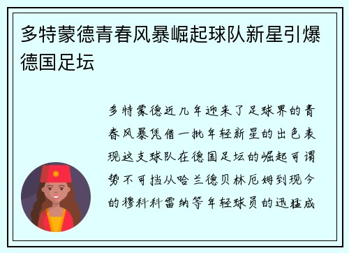 多特蒙德青春风暴崛起球队新星引爆德国足坛